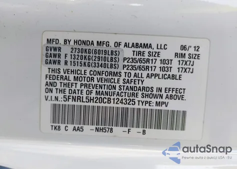 2012 Honda Odyssey Lx z USA, uszkodzony, nr VIN 5FNRL5H20CB124325